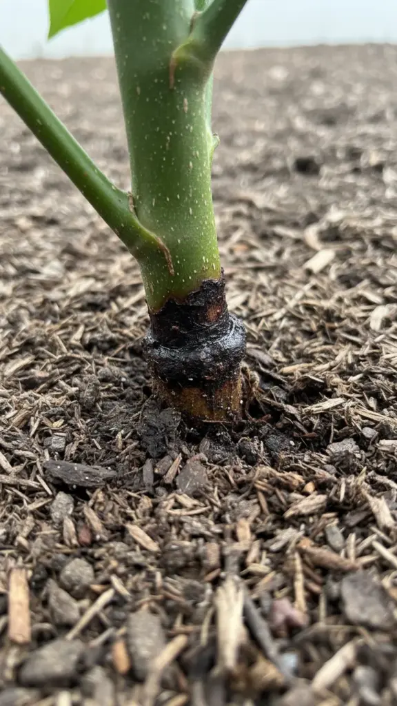 Dark girdling lesion wrapping around a plant stem at the soil line