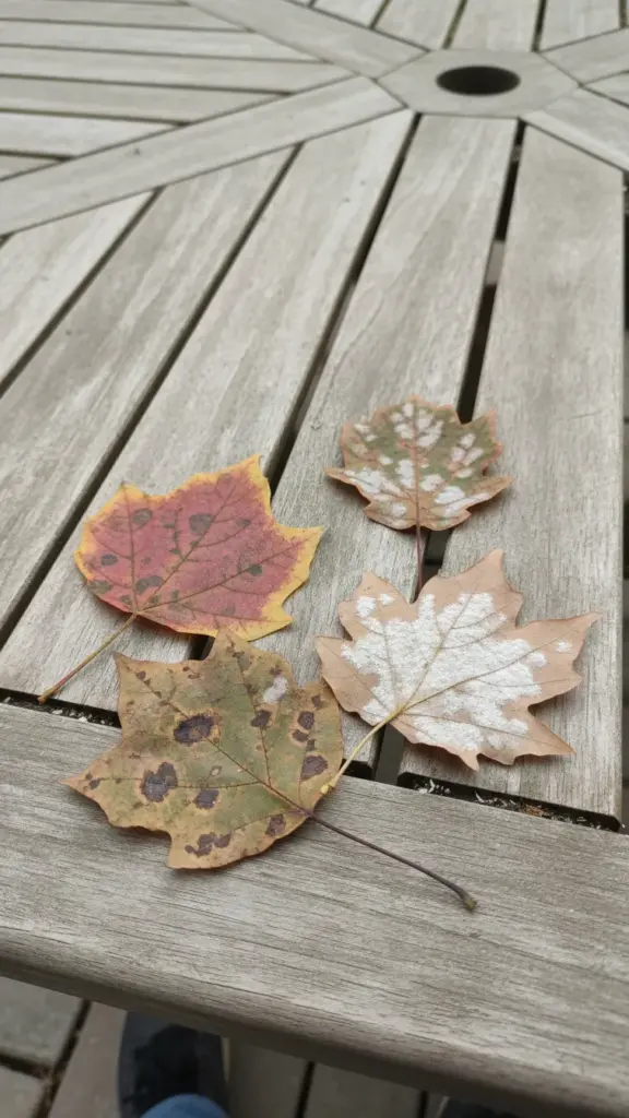 Several fallen leaves showing different leaf spot disease patterns