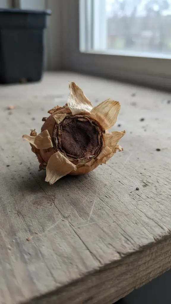 Corm scales peeled back showing firm brown rot at the basal plate