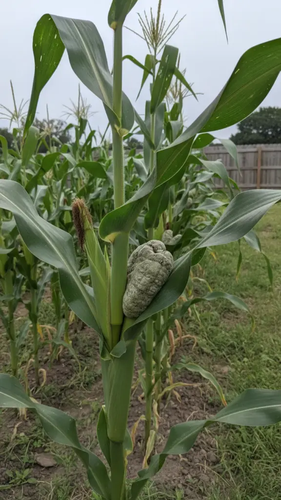 Corn stalk with a single visible gall near a leaf joint