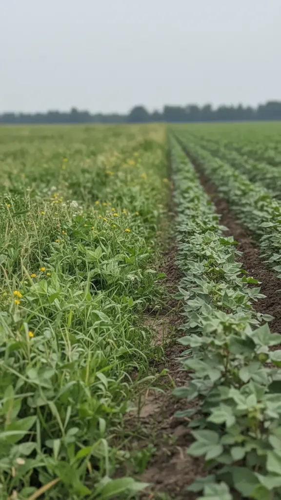 Row crop field edge with weeds growing along the border