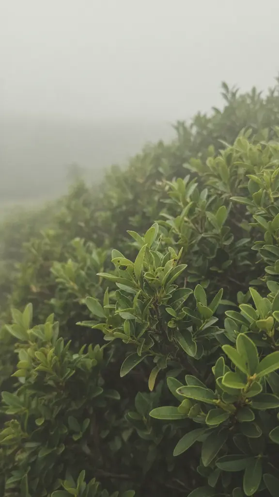 Densely crowded shrub foliage with poor airflow and humidity haze