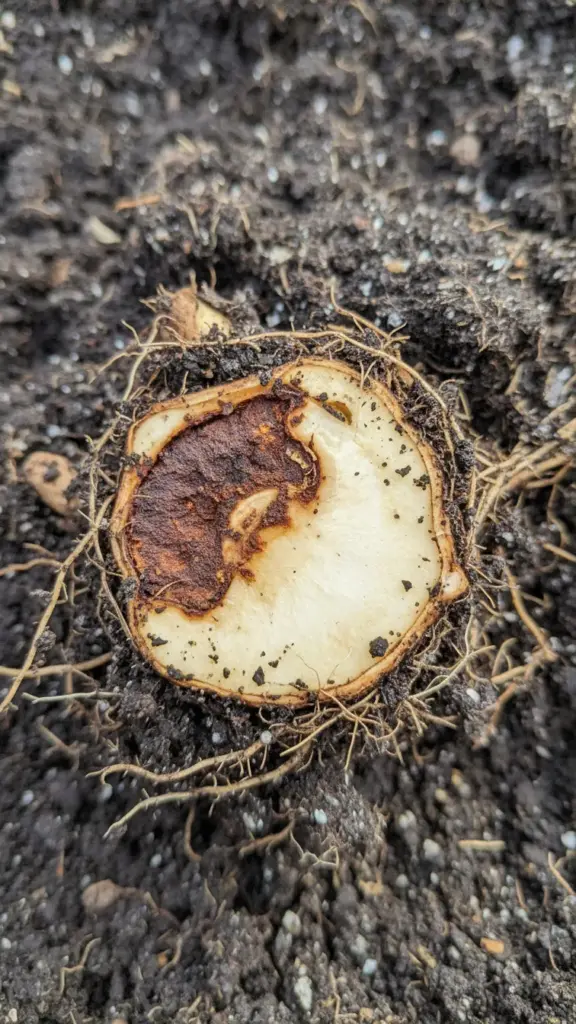 Plant crown cross section showing browned tissue next to healthy tissue
