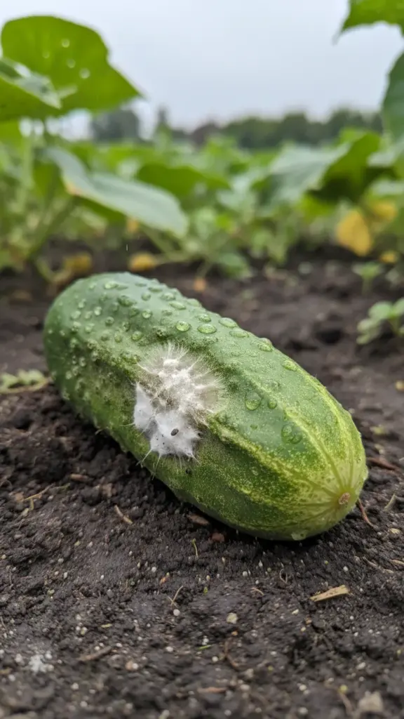 Cucumber with water-soaked lesion and cottony fungal growth
