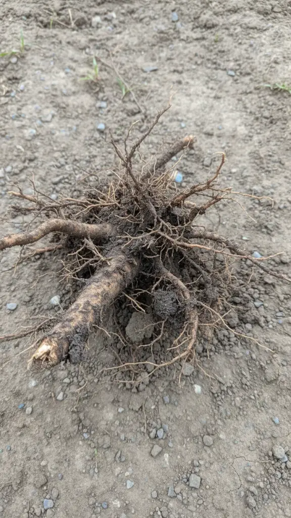 Darkened, roughened root system pulled from the soil