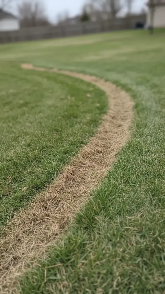 Dead grass streak following a drainage path