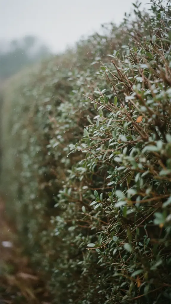Densely packed shrub stems glistening with rainwater