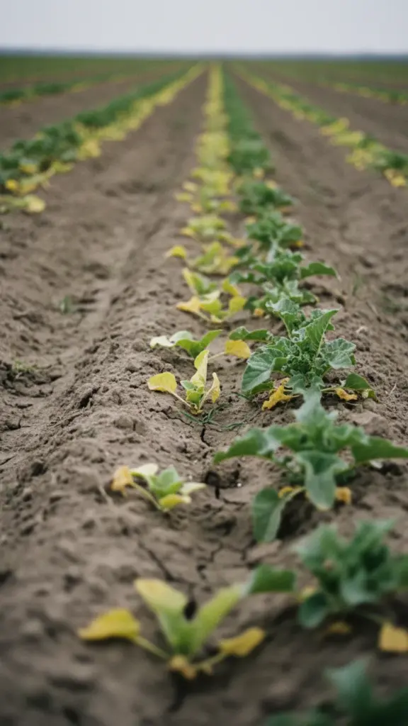 Field row with uneven growth and scattered weaker plants