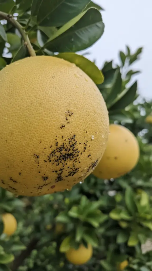 Grapefruit on the tree with pinpoint dark rind blotch specks across the lower half