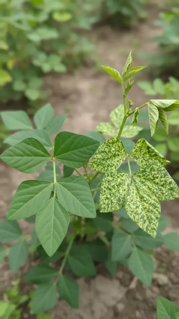 Healthy cowpea foliage next to mosaic-crinkled leaves