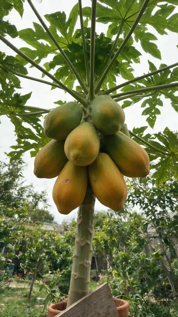 Papaya plant with a column of green and yellow-striped fruit clustered around the soft trunk