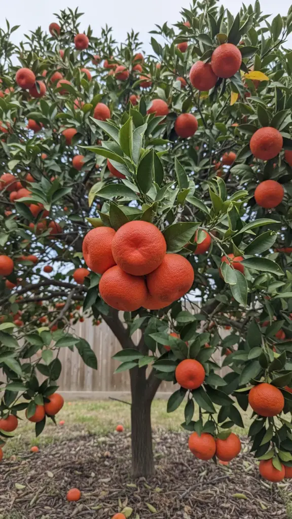 Backyard tangerine tree loaded with deep red-orange fruit seen from below in soft overcast light