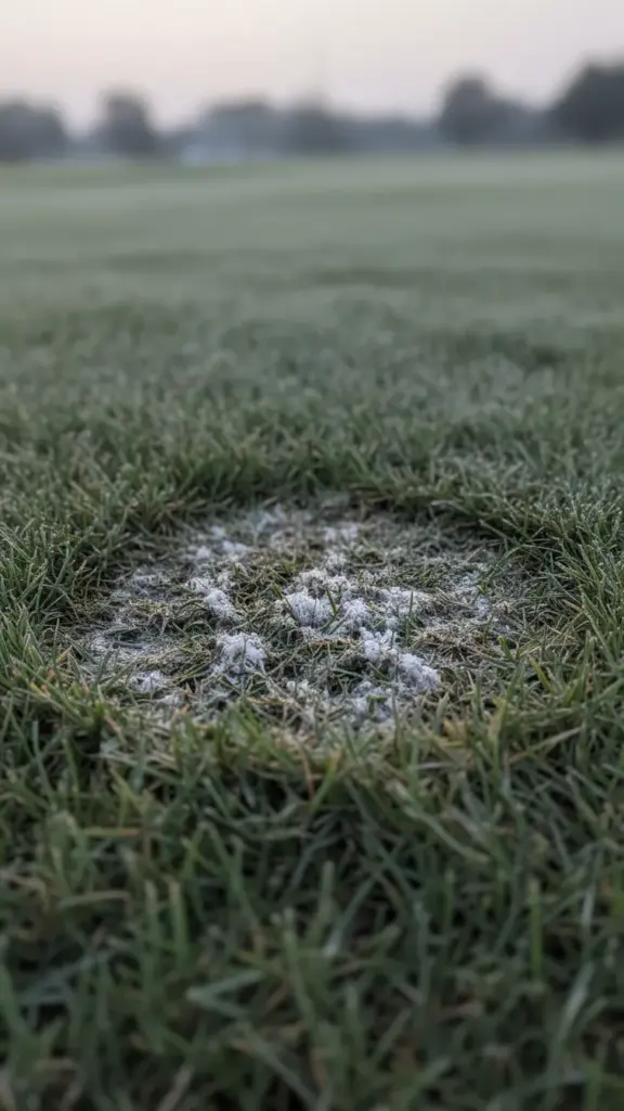 Greasy matted lawn patch with cottony mycelium at dawn
