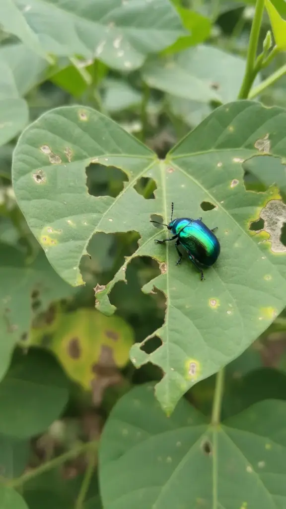 Leaf beetle feeding on a cowpea leaf