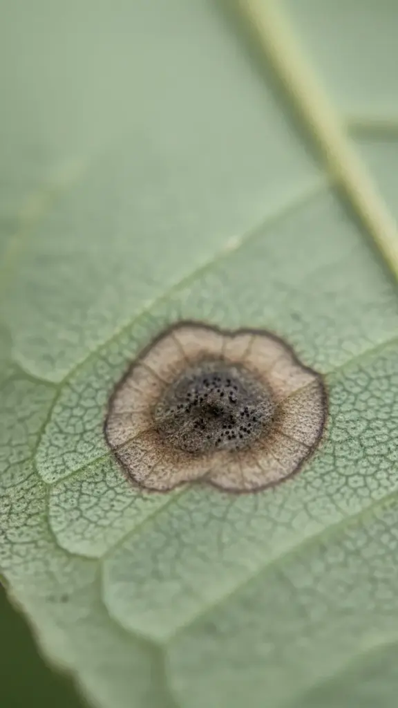 Close-up of a leaf spot with black pycnidia inside the lesion