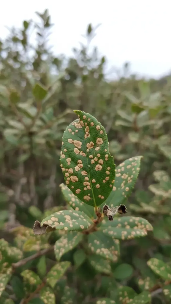 Shrub leaf with several small tan and brown fungal spots