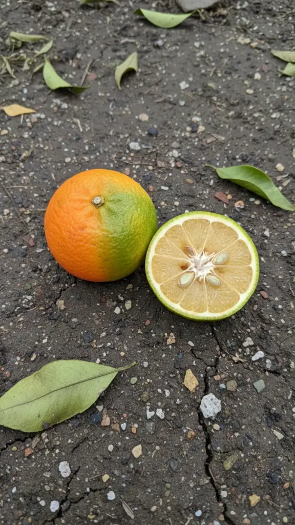 Small lopsided orange still green at one end beside a cut half showing dark shrivelled seeds