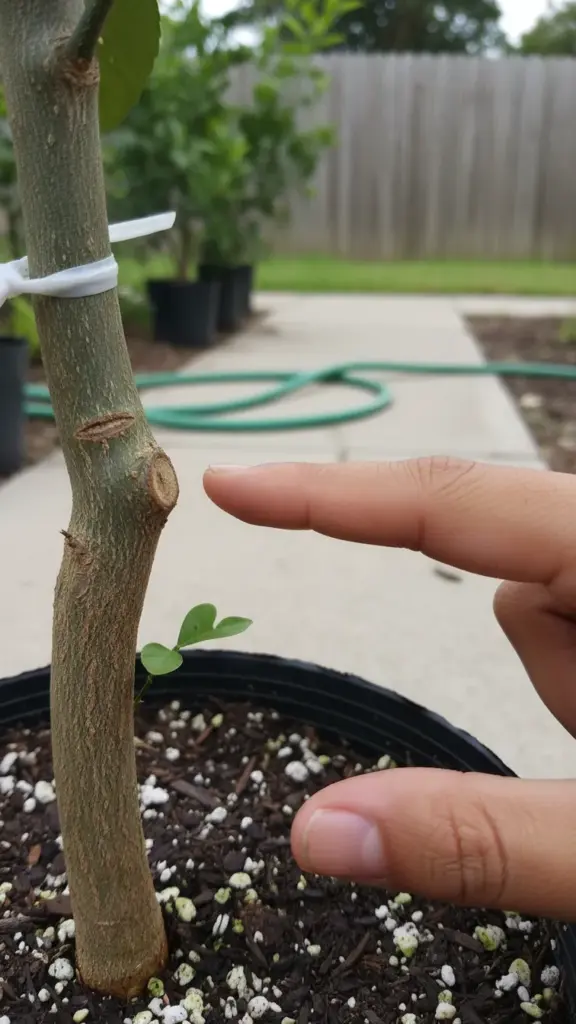 Close-up of the graft union on the trunk of a young mandarin tree in a nursery pot