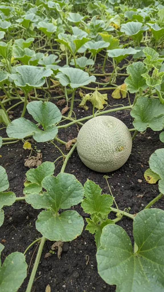 Melon fruit resting on damp garden soil