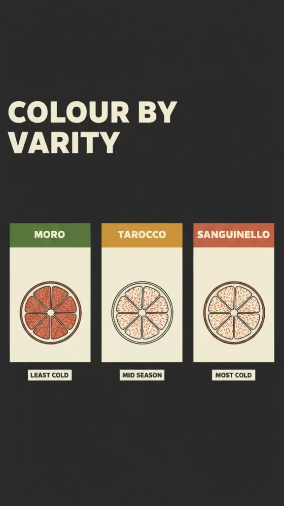 Chart comparing Moro, Tarocco and Sanguinello blood oranges by flesh colour and cold requirement
