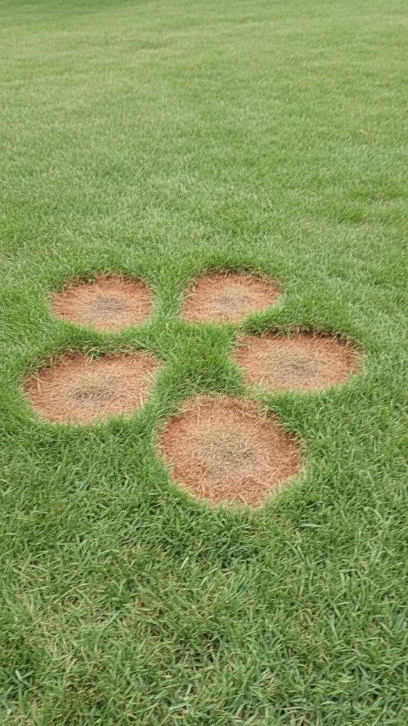 Mowed turf with copper-colored patches spreading