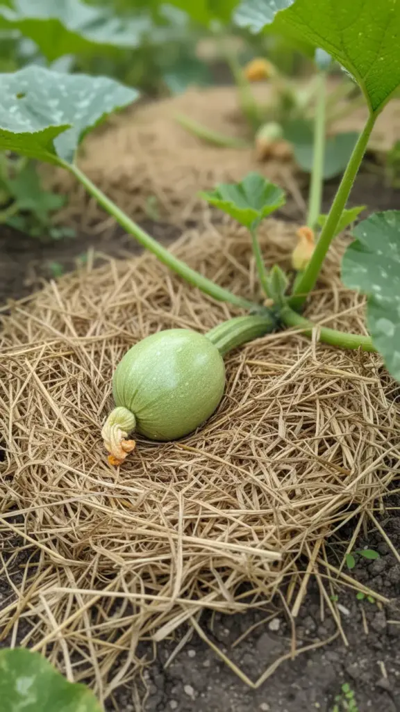Mulch barrier placed under a young squash fruit