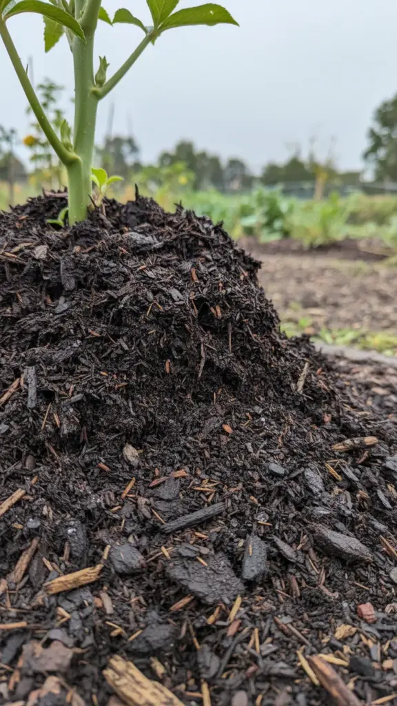 Thick mulch piled against a plant stem trapping moisture