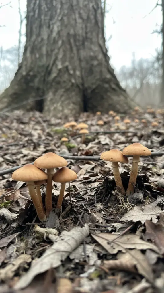 Two mushroom clusters compared, one ringless and one with a ring