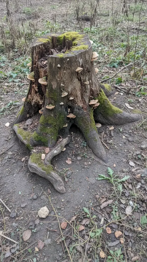 Old decayed tree stump with exposed roots as a source of root rot fungus