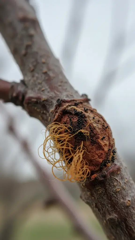 Close-up of a canker with black pycnidia and spore tendrils
