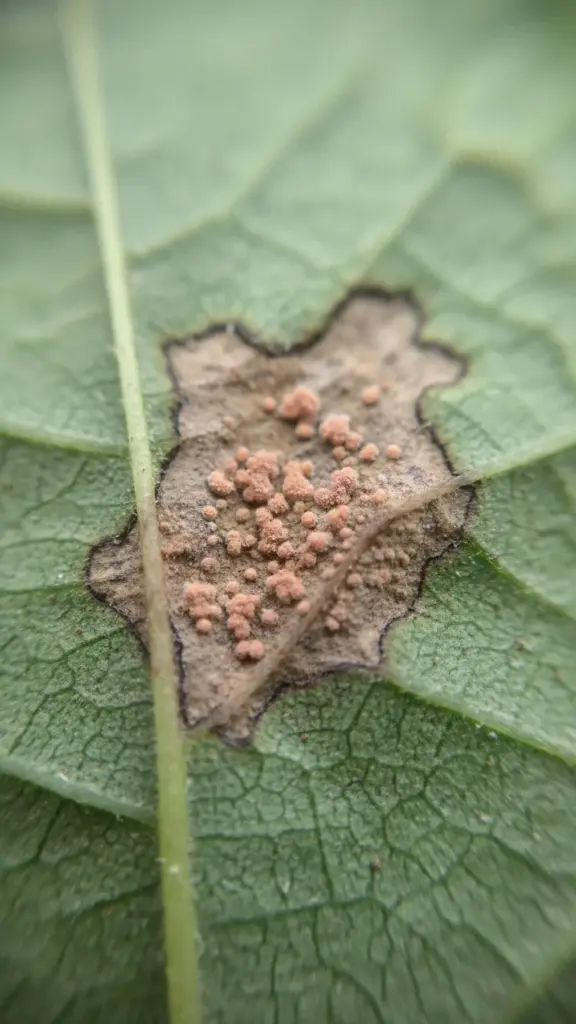 Close-up of orange spore masses inside a leaf lesion