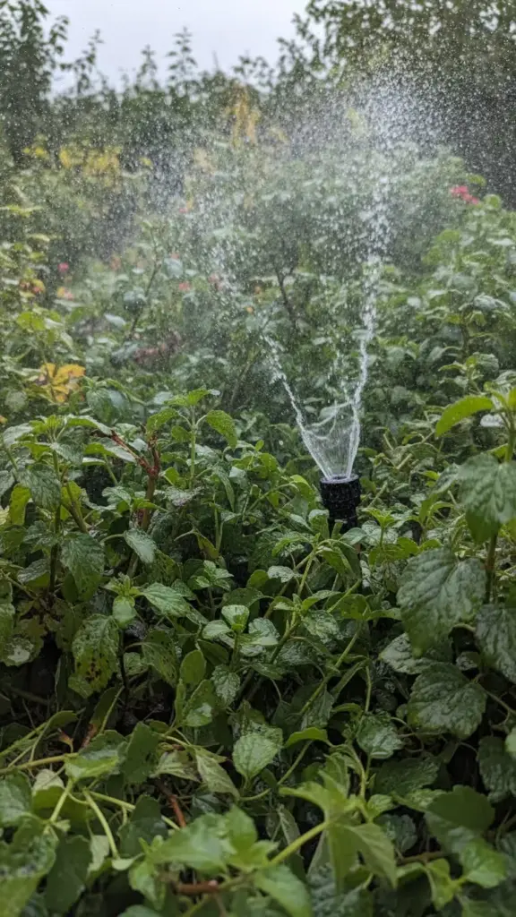 Overhead sprinkler wetting crowded garden foliage