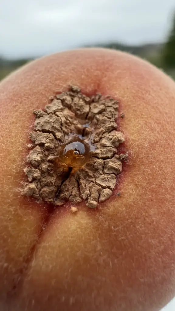 Scabby, corky peach lesion with gumming