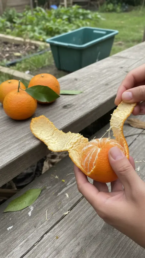 Hands peeling a ripe satsuma mandarin in one loose strip over a wooden garden step
