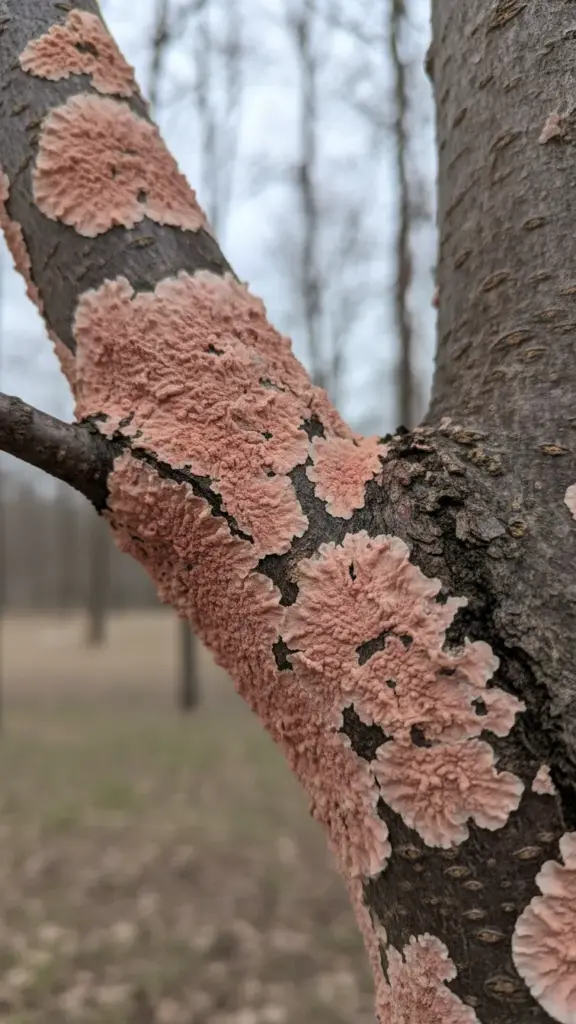 Pink fungal crust on tree bark from pink disease