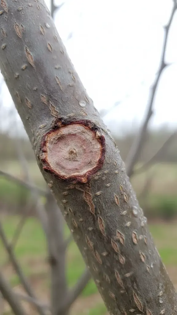 Healed pruning wound on a stem with discoloration spreading from the edge