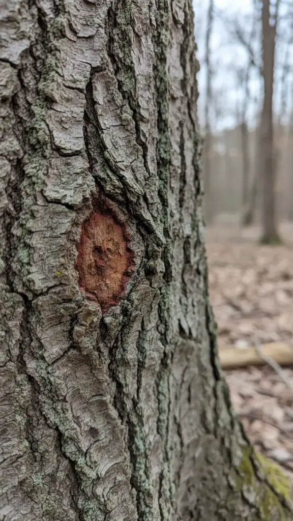 Reddish brown bark discoloration near the base of a tree trunk