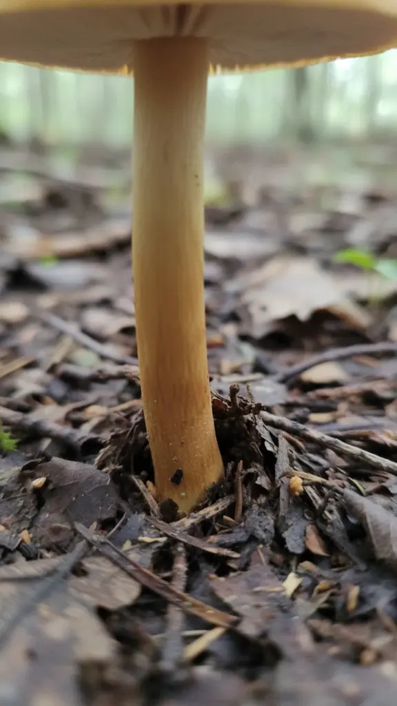 Close-up of a honey-colored mushroom stalk with no ring