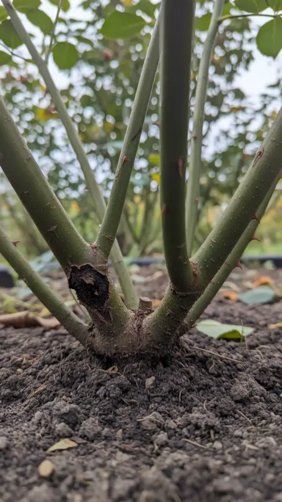 Crown of a rose bush with multiple canes and a discolored area