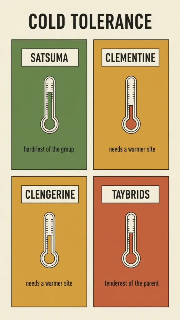 Chart ranking satsuma, clementine, tangerine and mandarin hybrids by cold tolerance