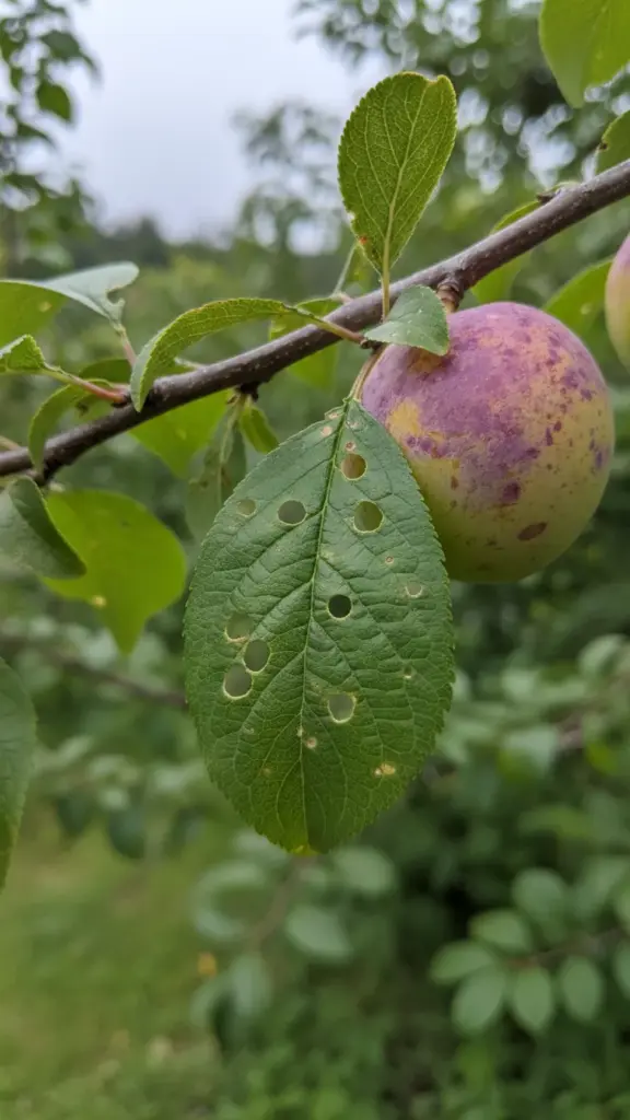 Shot-holed leaf next to a fruit with purplish spots