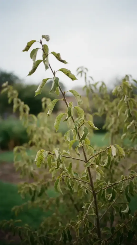 Shrub branch with sparse foliage from mild leaf spot defoliation