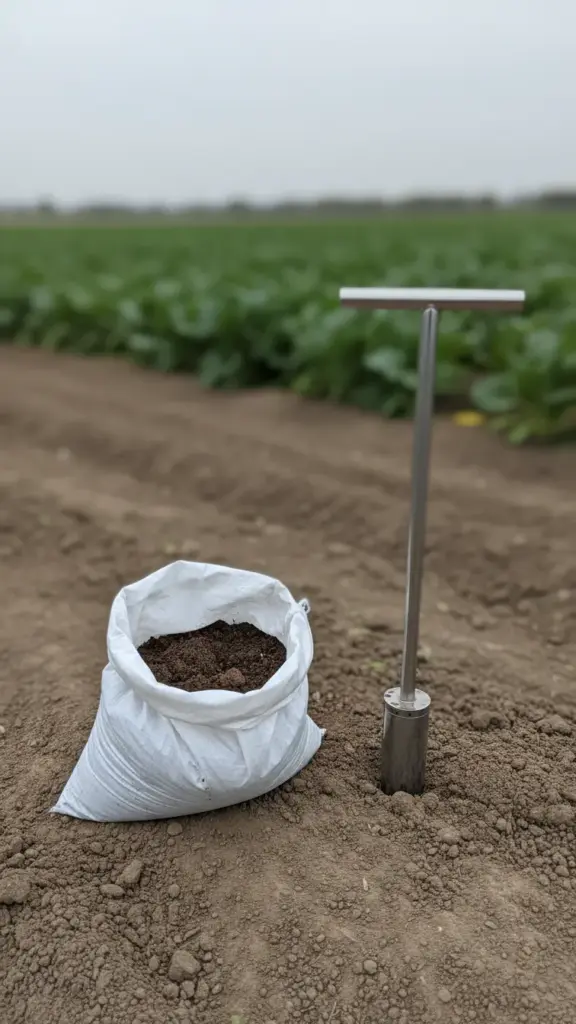Labeled soil sample bag and soil probe on bare ground