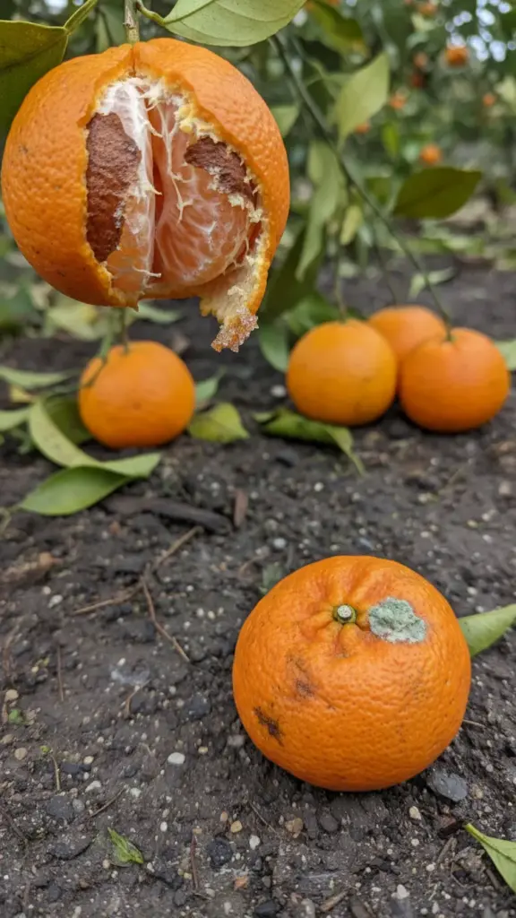 Split tangerine on the branch beside a puffy overripe fruit collapsed on wet soil