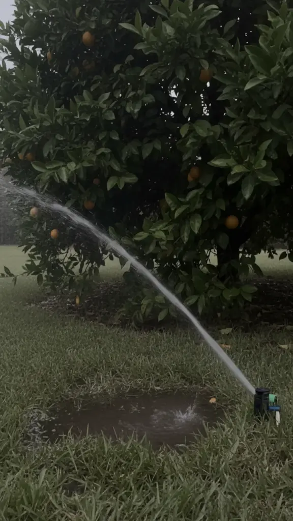 Lawn sprinkler soaking the edge of a dense citrus canopy with water dripping from the leaves