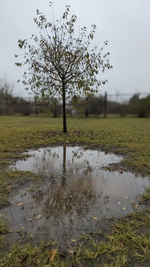 Stressed young tree standing in waterlogged garden soil