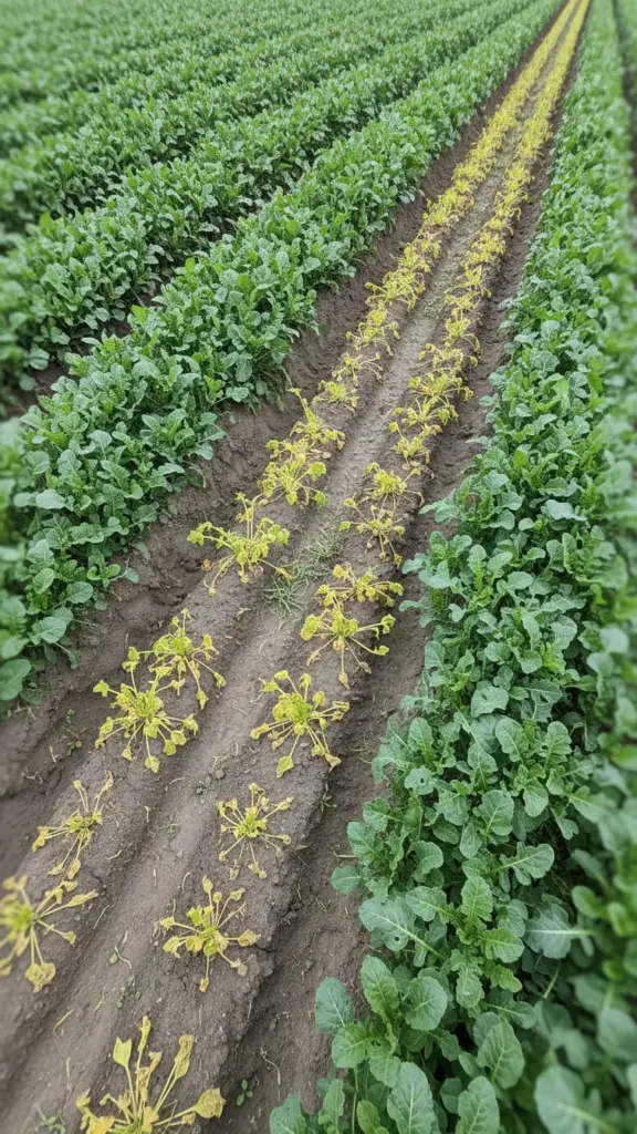Patch of stunted, yellowing plants next to healthy plants in a field row