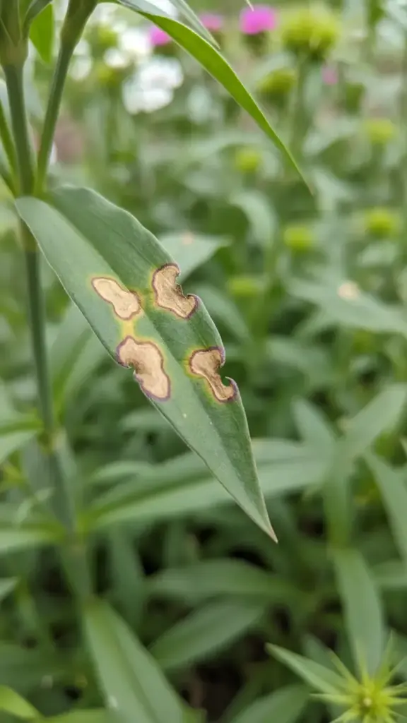 Sweet william leaf with yellowish brown spots and purplish margin