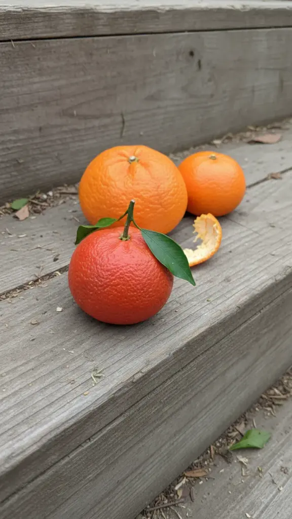 Tangerine with deep red-orange thin rind on a timber step beside a satsuma and a clementine
