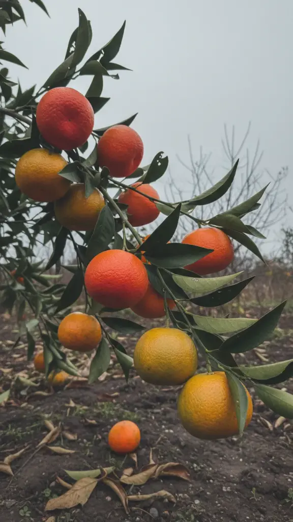 Tangerine branch at colour break with some fruit green and others deep red-orange in late autumn